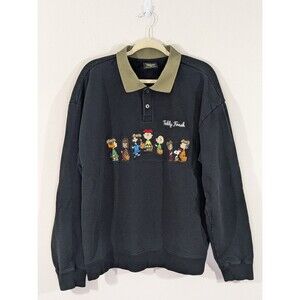 Teddy Fresh X Peanuts Collab Black Collared Sweatshirt Sz XL Embroidered Thick